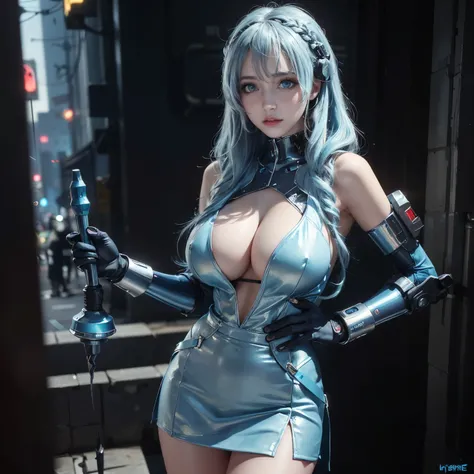 ((masterpiece)), ((best quality)), ((ultra-detailed)),((hyperrealistic)),((shiny skin)),1girl,medium hair,wavy hair,light blue hair,((drill hair)),((light blue eyes)),((tareme)),((huge breasts)),,(cyberpunk, magical girl:1.2),thigh gap,miniskirt,

