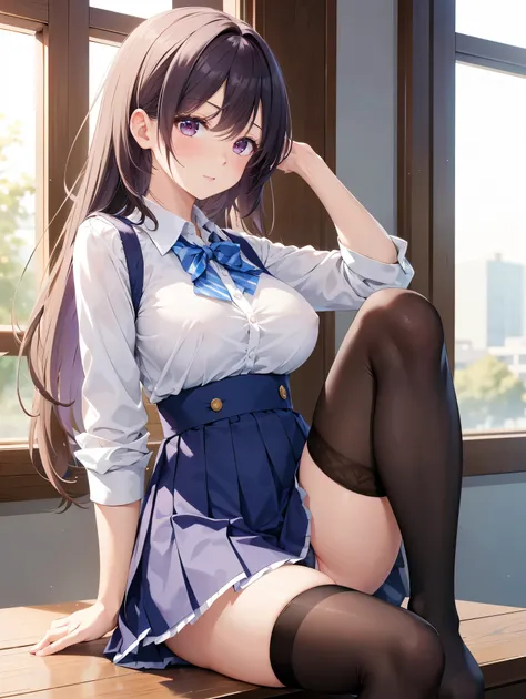 (( top quality)), ( high definition ), (( very detailed))、(masterpiece)、One mature woman with disheveled hair、Im wearing cute transparent panties on my school uniform、(Im wearing knee-high stockings)、(Im lying on the table with my crotch open)、Cute nipple ...