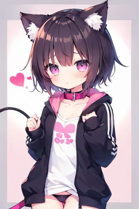   oversized jacket  、Pink short hair、 wear a collar 、 elementary school girl wearing a collar and leash、Very beautiful and 輝く瞳、輝く瞳、  1 girl、 small breasts、Cat ears 、((((( )))))、heart❤、((sweat、vapor)）、flattery、 embarrassing、Panties