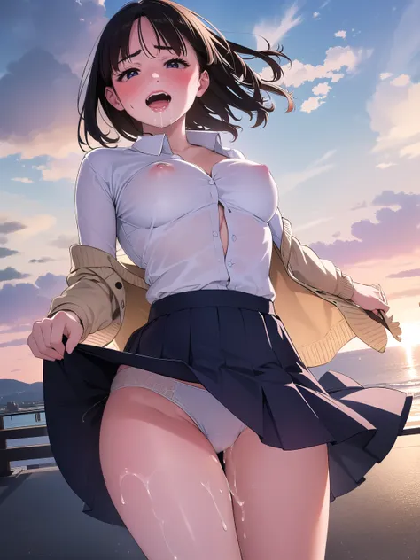 ((round face, ecstasy, orgasm face)), drooping eyes, shame smiling, blush, various patterned feminine casual see through shirt with her erect nipples, (long) skirt, unbuttoned cardigan, small breasts, strong sunlight and backlighting, old fashion, wide bac...