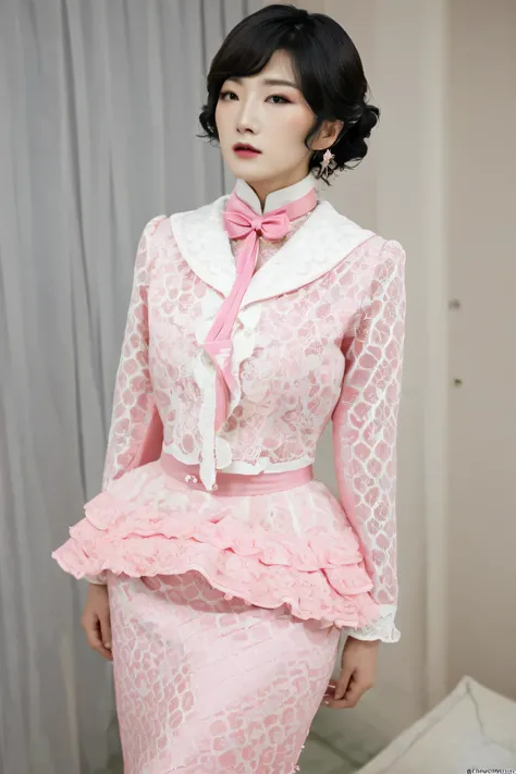 A Korean man in ladies vintage suit dress, he is crossdresser, big breast like a woman, slender female body, His hairstyle is short and manly, pink and white, Rich lace and frills, long sleeves, mermaid skirt, silk