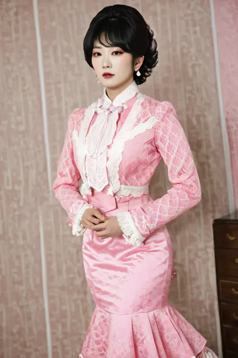 A Korean man in ladies vintage suit dress, he is crossdresser, big breast like a woman, slender female body, His hairstyle is short and manly, pink and white, Rich lace and frills, long sleeves, mermaid skirt, silk