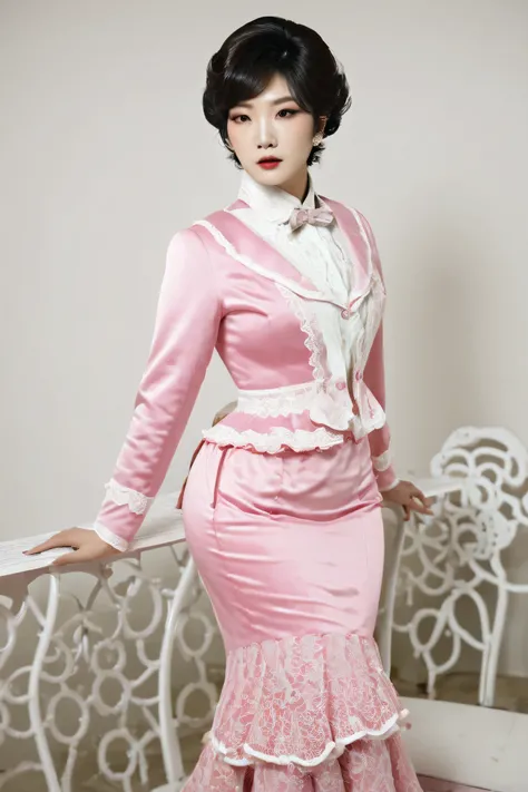 A Korean man in ladies vintage suit dress, he is crossdresser, big breast like a woman, slender female body, His hairstyle is short and manly, pink and white, Rich lace and frills, long sleeves, mermaid skirt, silk