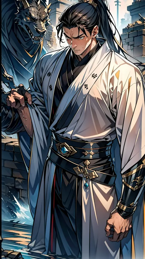 (masterpiece,  This is the best quality :1.2), （  1 adult male  ），  golden eyes  （Eyes glow）， long black high ponytail hair，  white robe ， Dragon robe，Wear arm guards，Wear a belt，  sweating  ，Get wet