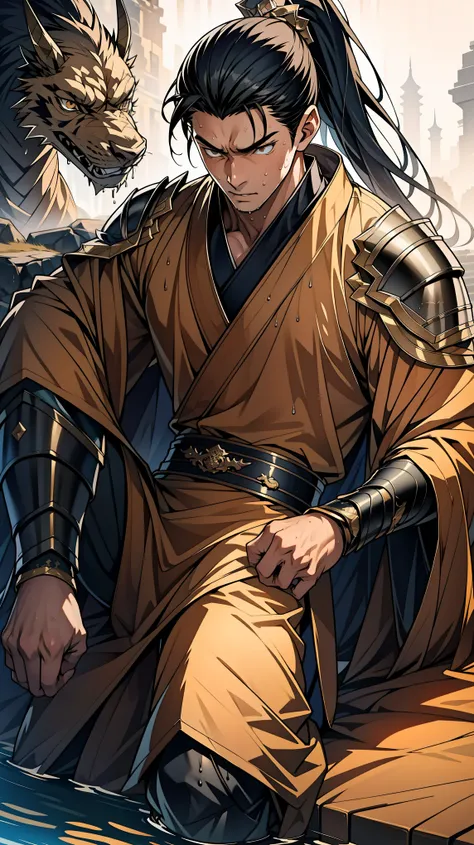 (masterpiece,  This is the best quality :1.2), （  1 adult male  ），  golden eyes  （Eyes glow）， long black high ponytail hair，  Gold Robe ， Dragon robe，Wear arm guards，Wear a belt，  sweating  ，Get wet