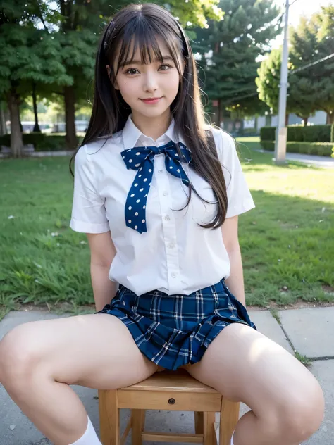   top quality ,   Masterpiece  ,  super high resolution, (reality: 1.4), Original photo,  one girl, A sparkling smile、A favorable gaze 、 mature, The cutest hairstyle 、JK uniform,  high school girl、 check skirt 、 Arles My Slave , Outdoor、 sitting, Turn over...