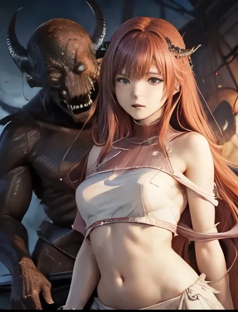 fear　Realistic　woman　long slightly reddish pink hair（ messy hair ）　fearに怯える　 hopeless　get caught　dungeons　Another World　 surrounded by monsters 　 monsters are grabbing my arm.　Eyes half-open　Crying face　Tears overflow　  open your mouth slightly、white armor...