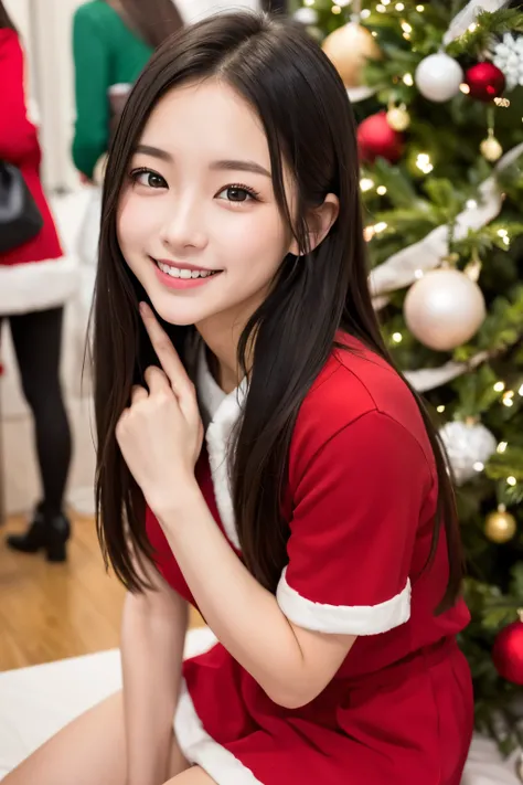 Christmas party venue with no one else 、 Female College Student、 cute and stylish red clothes inspired by Santa、 miniskirt、Long black hair、 cute face、 idol style、 smiling、Full body portrait