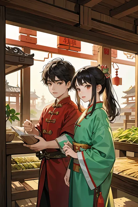  Ancient Chinese style, young boy ages 9 and young girl ages 9, 2 characters, wearing ancient Chinese costumes, both are merchants and traders, the background is a herbal stall, picking herbs from the stall, black hair, young boy, young girl