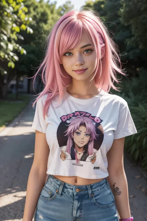 AniPoma 1,(masterpiece, Best illustrations, The best manga), alone, One Girl, Purple eyes, (Glowing Skin, Soft Hair), (Milkshake in hand), freckles, (bright pink two-tone hair:1.3), (Wearing a Led Zeppelin T-shirt, Denim jeans), (Extreme light and shadow, ...