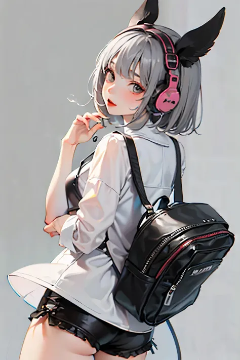  high definition ,  1 girl ,  looks back ,  Gray Hair、simple background,  cowboy shot,  short bob , Droopy eyes,  Headphones 