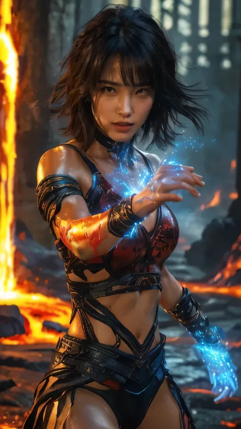 A highly realistic and detailed depiction of a fantasy female martial sorceress, emphasizing a full-body view. Her skin is a radiant sun-kissed brown, reflecting a robust and disciplined appearance. Her eyes glow with a fiery golden hue, exuding intense en...