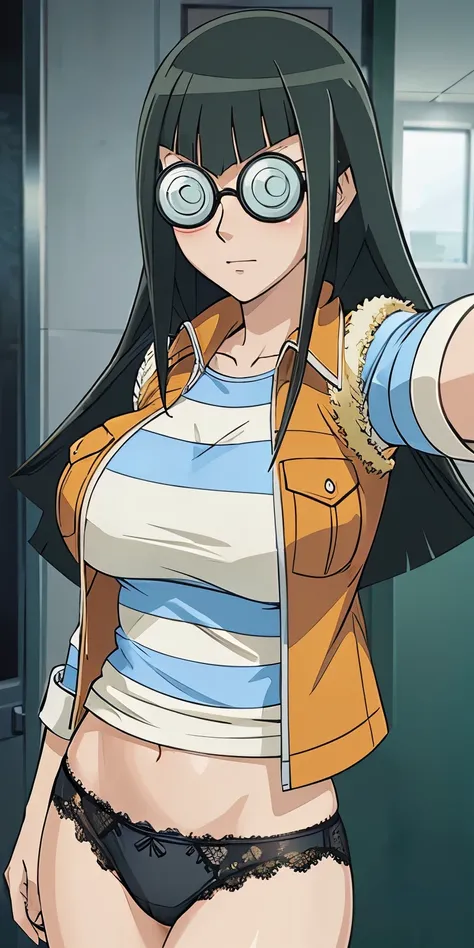 1 Female,High definition,high resolution,Ultra-realistic,8K,CC,long hair,black hair, glasses, perfect glasses, striped shirt, striped sleeves, jacket, vest,European,sexy,Photographed from the front,Dynamic Angles,private teacher,blush, (huge tits),nipples,...