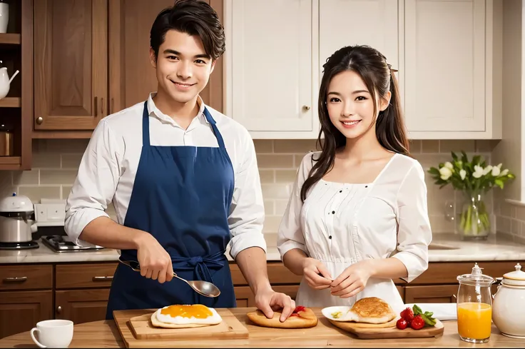  top quality　 Details　masterpiece　A super beautiful woman is preparing breakfast in the kitchen with a smile　Photo style　 real　