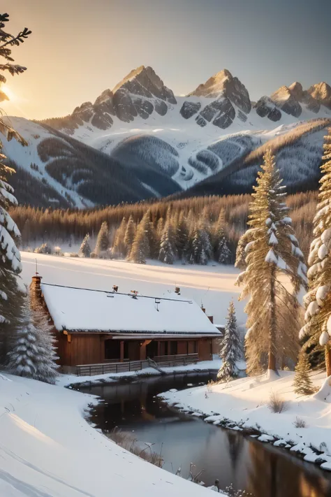 a snowy winter landscape, snow-covered pine trees, frozen lake, mountains in the background, dramatic lighting, warm golden sunlight, vibrant colors, detailed textures, intricate snow patterns, photorealistic, cinematic composition, atmospheric, serene and...