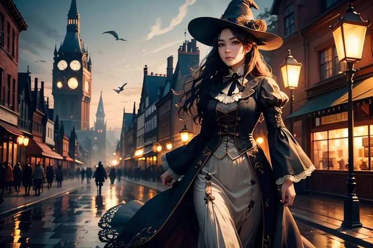 ( top quality:1.2)。steampunk。 one woman。 Beautiful Witch。 waves on the couch。Wandering around the city at night 。Many people々 is walking through the woods。 Victorian style cityscape。Beautiful fantastic lighting 。