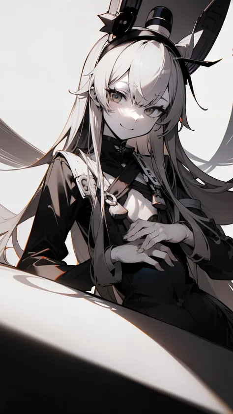 amatsukaze,ink art,(extreme high contrast),Shadow on face,Long Hair,Flat Chest,Small Chest,masterpiece,Noise Reduction,Perfect Anatomy, Super detailed,Dutch Angle ,Beautiful fine details,Five Fingers, Perfect hands,suit、smile