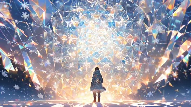 Back view of a tired man staring at the Christmas sunrise、 clear geometric snowflakes