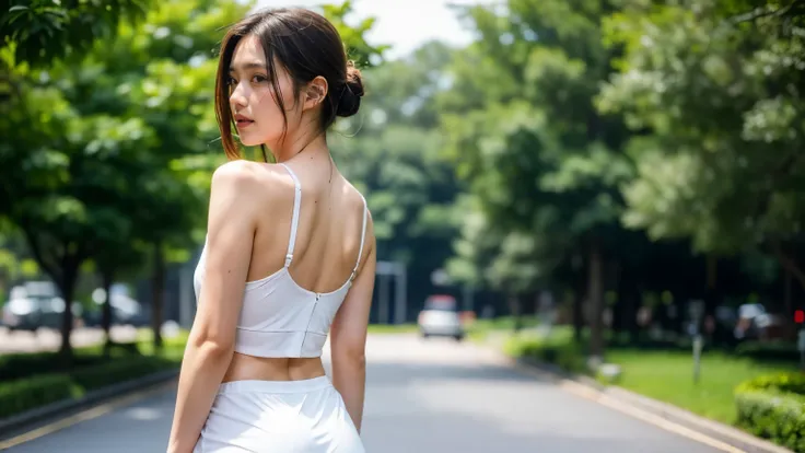 (( flat chested, small breasts, Skinny Body ,Skinny body type,50 years old)),((((reality,live-action, real, high image quality,Accurate Reproduction)))),(( chest visible ))、「In a quiet park、50 years oldの日本人女性が襟もとの広いオーバーサイズのタンクトップを身にまとい、Walking in the green...