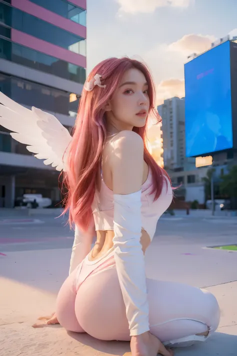 ((masterpiece, best quality, extremely detailed), volumetric lighting, ambient occlusion, colorful, glowing), 
1girl, solo, young girl, (pink hair), long hair, halo, aura, sacred, godness, cyber suit, (white outfit:1.3), android, bot, angel wings,
outdoors...