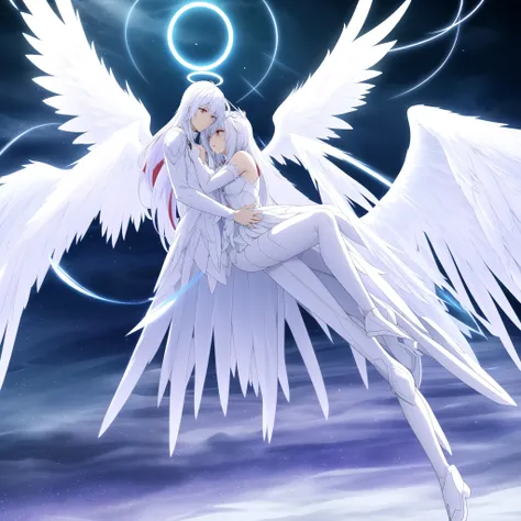 Frozen Snowstorm WORLD Background,Anime couple hugging and kissing ,Man red eyes , Man long platinum hair, platinum shiny halo ,anime angel with wings and a halo above his head, anime wallpaper, biblical accurate angel, angelic, ((zerator)), glowing angeli...