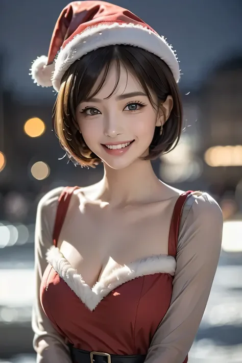 ((masterpiece)), (( top quality)), ((16k)), (( surreal)), (( realistic )), ( mature), ((No classes)),  very detailed, ( 1 Woman ), Beautiful and exquisite, (Beautiful Teeth), Grin,  brunette pixie cut ,  Brown Eyes , ((Wear a red Santa Claus costume and ha...