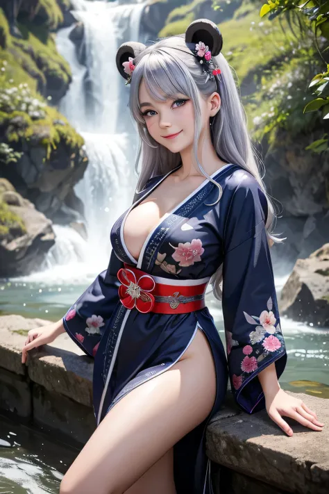 Ultra detallada,maxima calidad,imagen super clara,Detailed face of a girl with bear ears,  smiling,(silver colored hair)(Navy blue pupils )( deep blue pupils ),(well detailed pupils),neckline,super big breasts, embroidered bra , Kimono Geisha Yukata Sweet ...