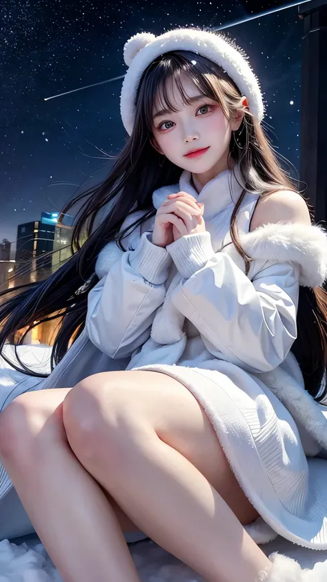  best quality、 high definition 、(High image quality:1.2)、masterpiece、 detailed background、Realistic、 RAW photos 、A romantic sight、 The city is wrapped in a silver world 、 The Night the First Snow Falls 、 The girl is dressed in a thick coat 、 Her Breath Goe...