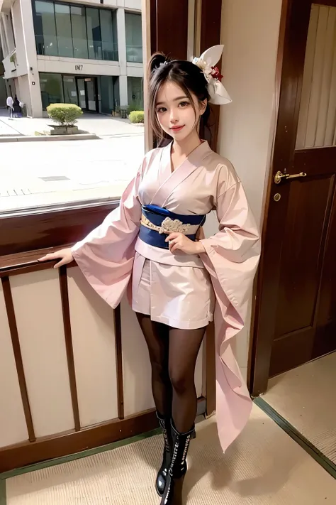 sharp lines, (((masterpiece))), ((( top quality: 1.4))), (( super detailed: 1.4)) ,  movie lights,  High Definition Photos  、Stunning Beauty 、Atmosphere that captivates people 、(落ち着いた柄のkimono,  kimono, kimono,  kimono), ( Ultra Realistic Pantyhose :1.3,  s...