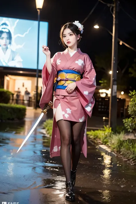 sharp lines, (((masterpiece))), ((( top quality: 1.4))), (( super detailed: 1.4)) ,  movie lights,  High Definition Photos  、Great Storm、Thunderstorm 、Heavy Rain、((heavy rain、Strong winds))、Lightning strikes、(落ち着いた柄のkimono, kimono,  kimono), ( Ultra Realis...