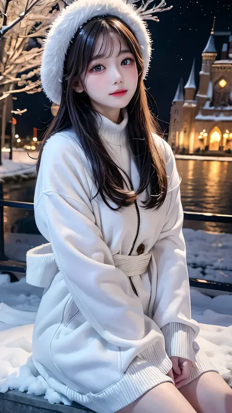  best quality、 high definition 、(High image quality:1.2)、masterpiece、 detailed background、Realistic、 RAW photos 、A romantic sight、 The city is wrapped in a silver world 、 The Night the First Snow Falls 、 The girl is dressed in a thick coat 、 Her Breath Goe...