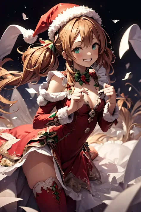  high definition , masterpiece,  Anatomically Correct,  best quality,  High Details ,  long hair,  twin tails,  hair that flutters like, Vertical Roll, Curly Hair,  smiles, happiness/joy, Grin,  simple backgrounds per person, Santa hat, red and green mini ...