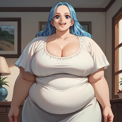 vivi,1girl,solo,blue hair,long hair,black eyes,dress,cleavage,cowboy shot,looking at viewer,smile,indoors fat, chubby, obese, gigantic arms and legs, large breasts open mouth, out of breath