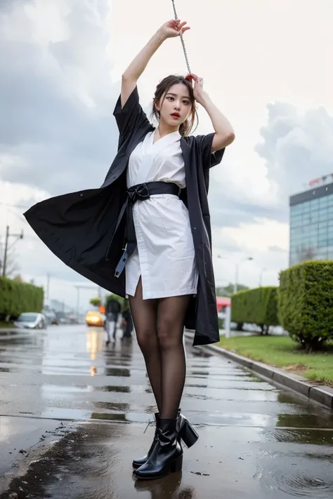 sharp lines, (((masterpiece))), ((( top quality: 1.4))), (( super detailed: 1.4)) ,  movie lights,  High Definition Photos  、Great Storm、Thunderstorm 、Heavy Rain、((heavy rain、Strong winds))、Lightning strikes、(落ち着いた柄のkimono, kimono,  kimono), ( Ultra Realis...