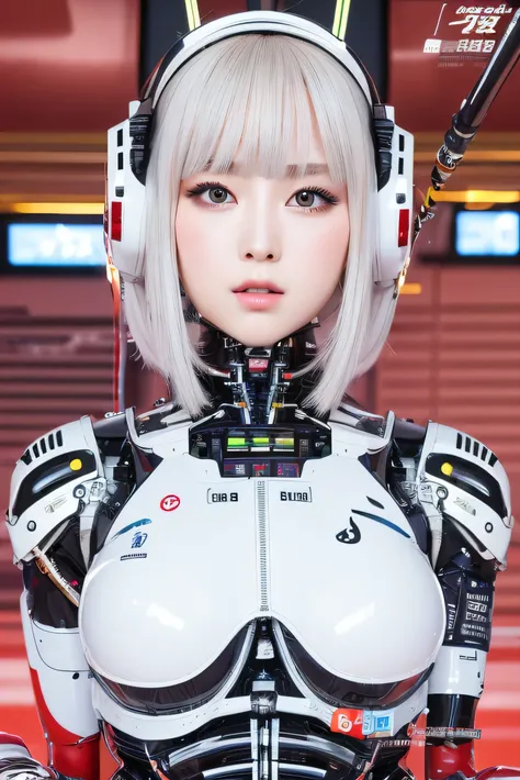 masterpiece, best quality, extremely detailed,portrait,front view,Japaese android girl,Plump,race queen costume, control panels,android,Droid,Mechanical Hand, Robot arms and legs,Blunt bangs,long tube,thick cable connected her neck