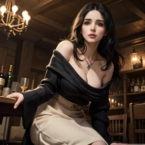 off shoulder dress, on fours, yennefer, from below, sexy, necklace, long tangled hair, pub, cowl neck sweater, breast exposed