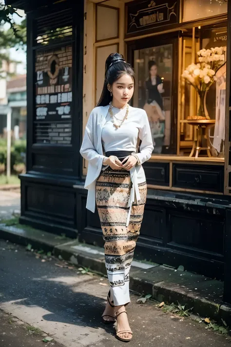 MMTD Burmese patterned traditional dress lady full body
details, nice fac
e, fair skin, traditional royal white dress, wearing Parel
necklaces, traditio
nal hair style, long scarf on shoulder, standing on
traditional style, beautiful and
graceful style, ca...