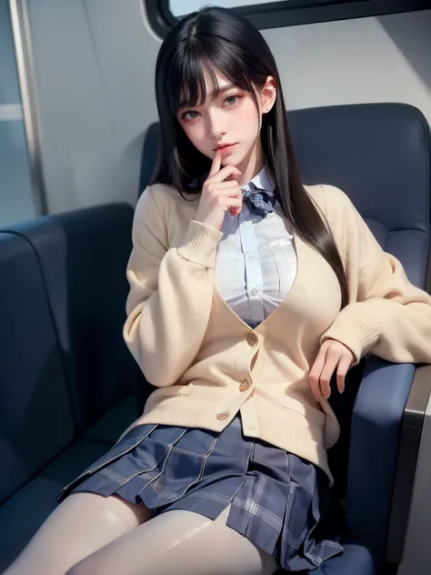 (((8k、 high definition 、 top quality、 high definition )))Alone、natural body shape、 white skin、 natural makeup、(( black hair、bangs、 straight long hair))、((()))、whole body,  sitting on a train chair、 Staring at the Audience 、Voyeur、 other than an airplane、Fo...