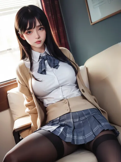 (((8k、 high definition 、 top quality、 high definition )))Alone、natural body shape、 white skin、 natural makeup、(( black hair、bangs、 straight long hair))、((()))、whole body,  sitting on a train chair、 Staring at the Audience 、Voyeur、 other than an airplane、Fo...