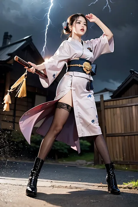 sharp lines, (((masterpiece))), ((( top quality: 1.4))), (( super detailed: 1.4)) ,  movie lights,  High Definition Photos  、Great Storm、Thunderstorm 、Heavy Rain、((heavy rain、Strong winds))、Lightning strikes、(落ち着いた柄のkimono, kimono,  kimono), ( Ultra Realis...