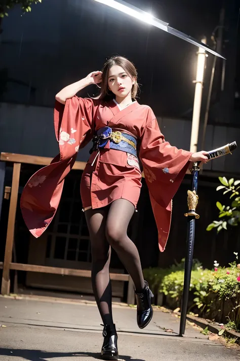 sharp lines, (((masterpiece))), ((( top quality: 1.4))), (( super detailed: 1.4)) ,  movie lights,  High Definition Photos  、Great Storm、Thunderstorm 、Heavy Rain、((heavy rain、Strong winds))、Lightning strikes、(落ち着いた柄のkimono, kimono,  kimono), ( Ultra Realis...