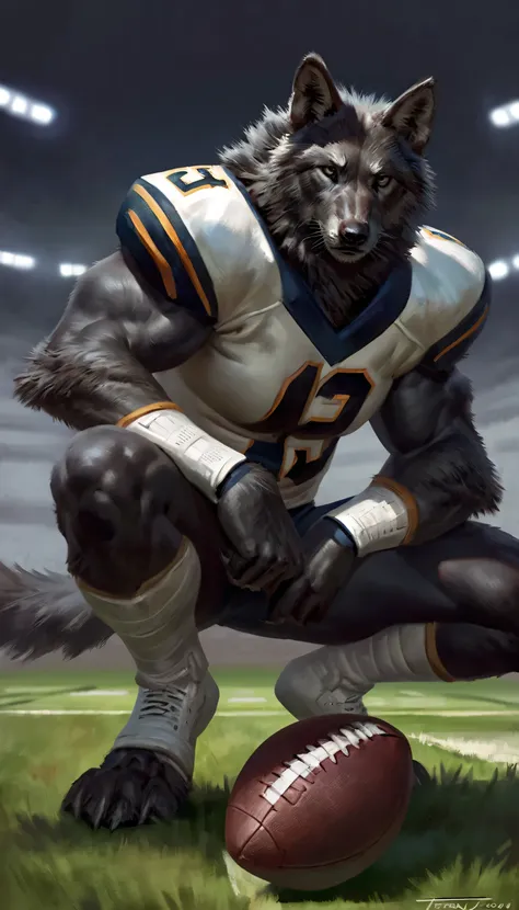  male anthropologist black wolf knight holding an American football, alone,  arrogant expression,  masterpiece , The best art,  full body , By Taran,  detailed eyes,  detailed body, claws, high, Pecs,  Abdominals ,  squatting posture , wearing an American ...