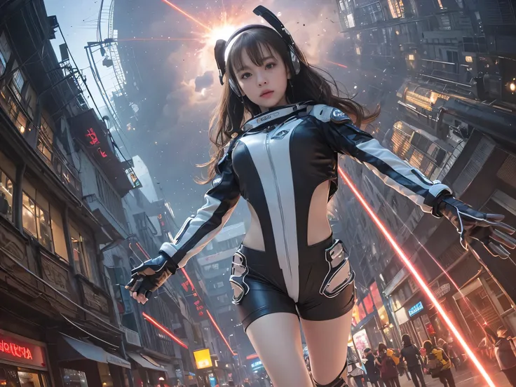   best image quality,  movie lighting,  octane rendering ,  Ultra Sharp ,  1 girl,  Japanese ,   embarrassed  ,  pubic skin, ( shortcuts),  headset on-head、 headset on head , Exposed abdomen,  intricate details , run away,   futuristic pilot suit , Breakin...