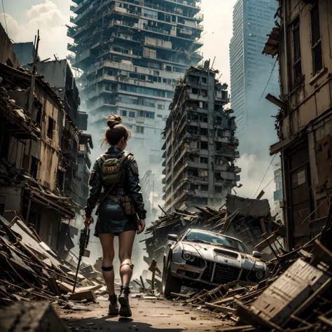 
 a young woman in a damaged and torn uniform walks through the rubble of the battlefield,  fragments of futuristic technology are visible on the ground getting glimpsed 、 Ruined City 、war、 It gets glimpsed