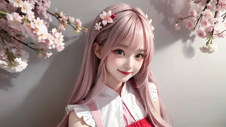 ((pastel))、 one woman,front,  smiles , open your mouth ,Flirty Pose , cute,Mauve Hair, long hair,Inward curls,  woven , purple eyes, Christmas Costumes,Red and white outfit,Im wearing clothes with a cherry blossom mark , ,  simple background, white backgro...