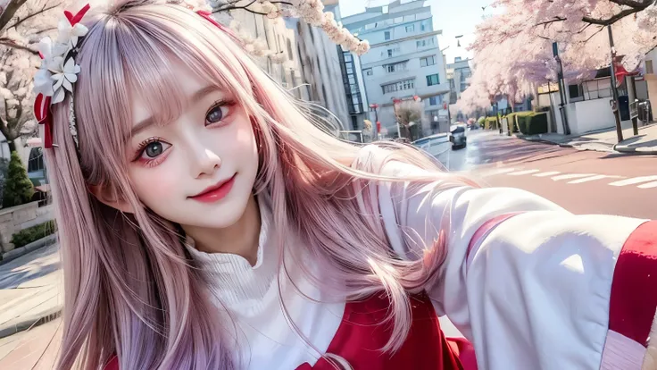 ((pastel))、 one woman,front,  smiles, cute,Mauve Hair, long hair,Inward curls,  woven , purple eyes, Christmas Costumes,Red and white outfit,Im wearing clothes with a cherry blossom mark , ,  simple background, white background 