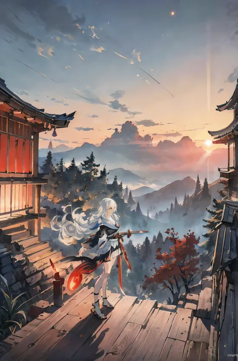 1 girl， beautiful and beautiful ，White hair， long hair， red and white shrine suit ，Bare legs， long hair披肩， alone ，There is blue smoke around sword practice ，Holding， Magnificent Sword（ Longsword ， obsidian sword， shines with the radiance of God），Standing，w...