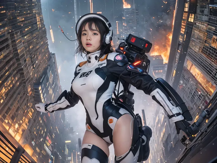  best image quality,  movie lighting,  octane rendering,  Ultra Sharp ,  1 girl, Baby-faced Japanese student ,  embarrassed  ,  pubic skin, ( shortcuts),  headset on-head、 headset on head , Exposed abdomen,  intricate details , run away, ( running at full ...