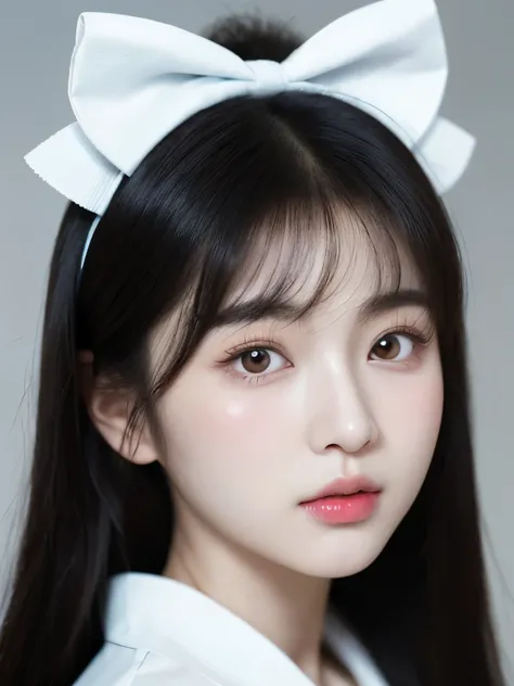 Close-up of a woman ， wears a white bow on her head, Korean woman, Beautiful Korean woman, beautiful  actual  face,  actual  beautiful face, kawaii  actual  portrait,  actual . translate, beautiful aesthetic face, photo actual  anime, Reach Model | artwork...