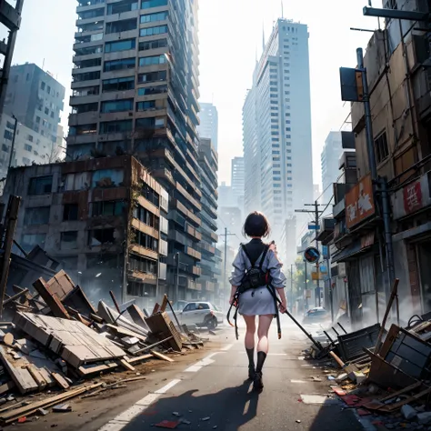 
A young woman in a damaged and torn maid suit walks through the rubble of a battlefield,  fragments of futuristic technology are visible on the ground getting glimpsed 、 Ruined City 、war、 It gets glimpsed、